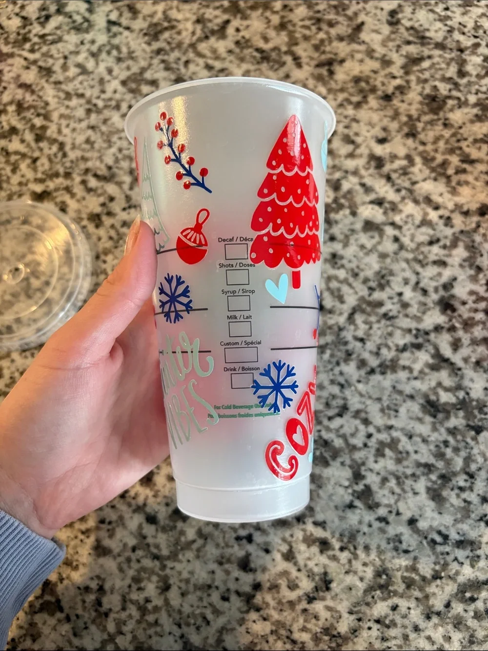 Starbucks Holiday 'Cozy' Reusable Cup - White with Red, Green & Blue Accents